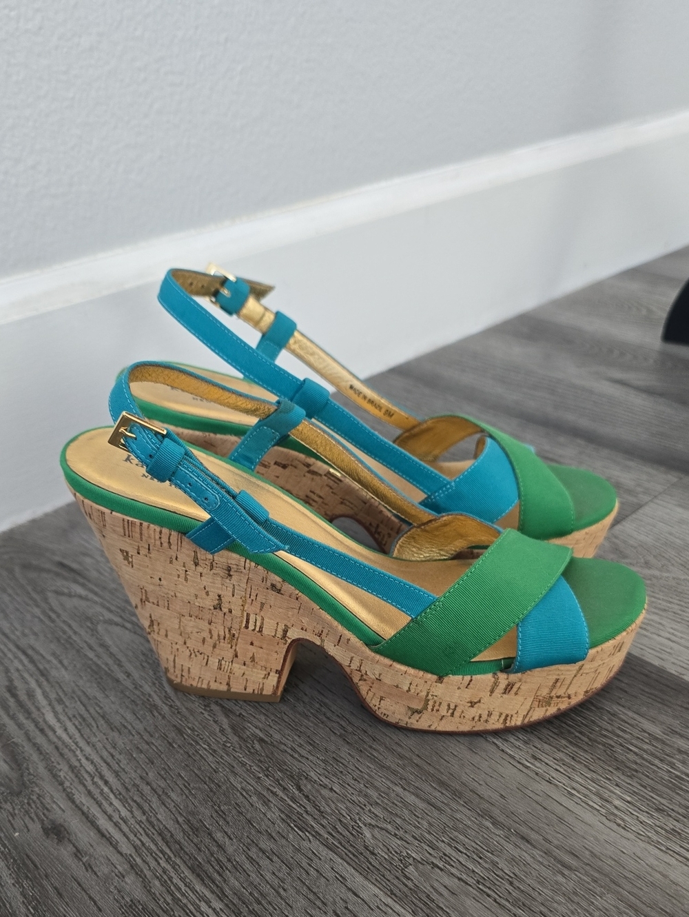 Kate Spade "Penny" Cork Platform Wedge Sandals Green Blue - 9M